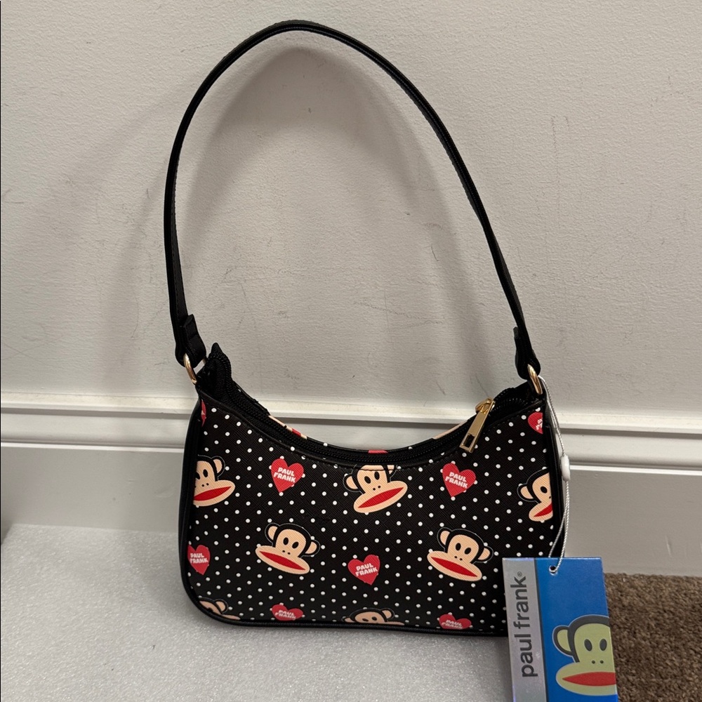 Paul Frank Black Polka Dot Julius Shoulder Bag with Red Hearts NWT bag charm - Picture 4 of 6